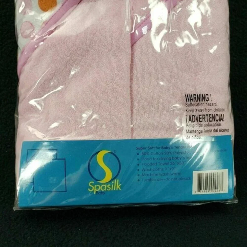 Spasilk Pink 2 Hooded Towels and‎ 2 Washcloths Set Fish Polka Dots New